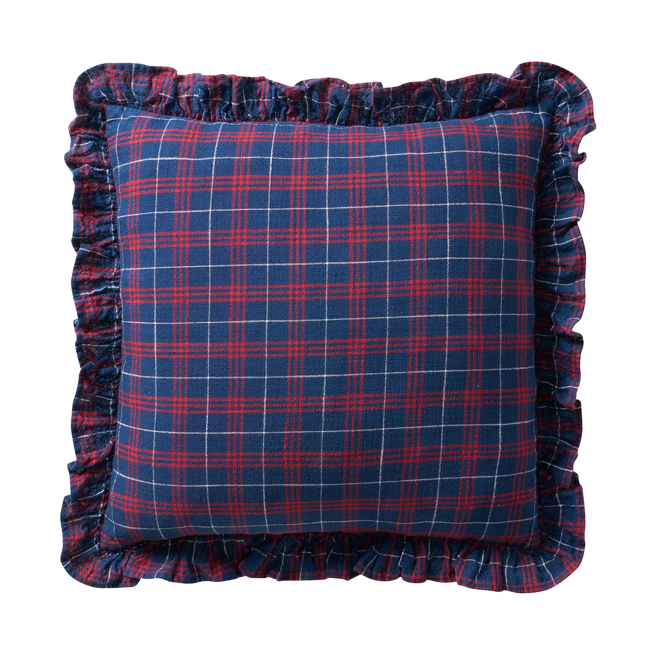 My Texas House 18"x18" Navy Ruffle Plaid Cotton Decorative Pillow | Walmart (US)