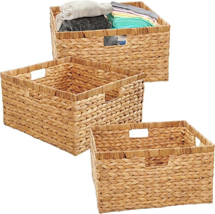 Large 17"x16"x9" (Set of 3) Water Hyacinth Woven Storage Basket \u2013 Handmade Natural Wicker Ba... | Amazon (US)