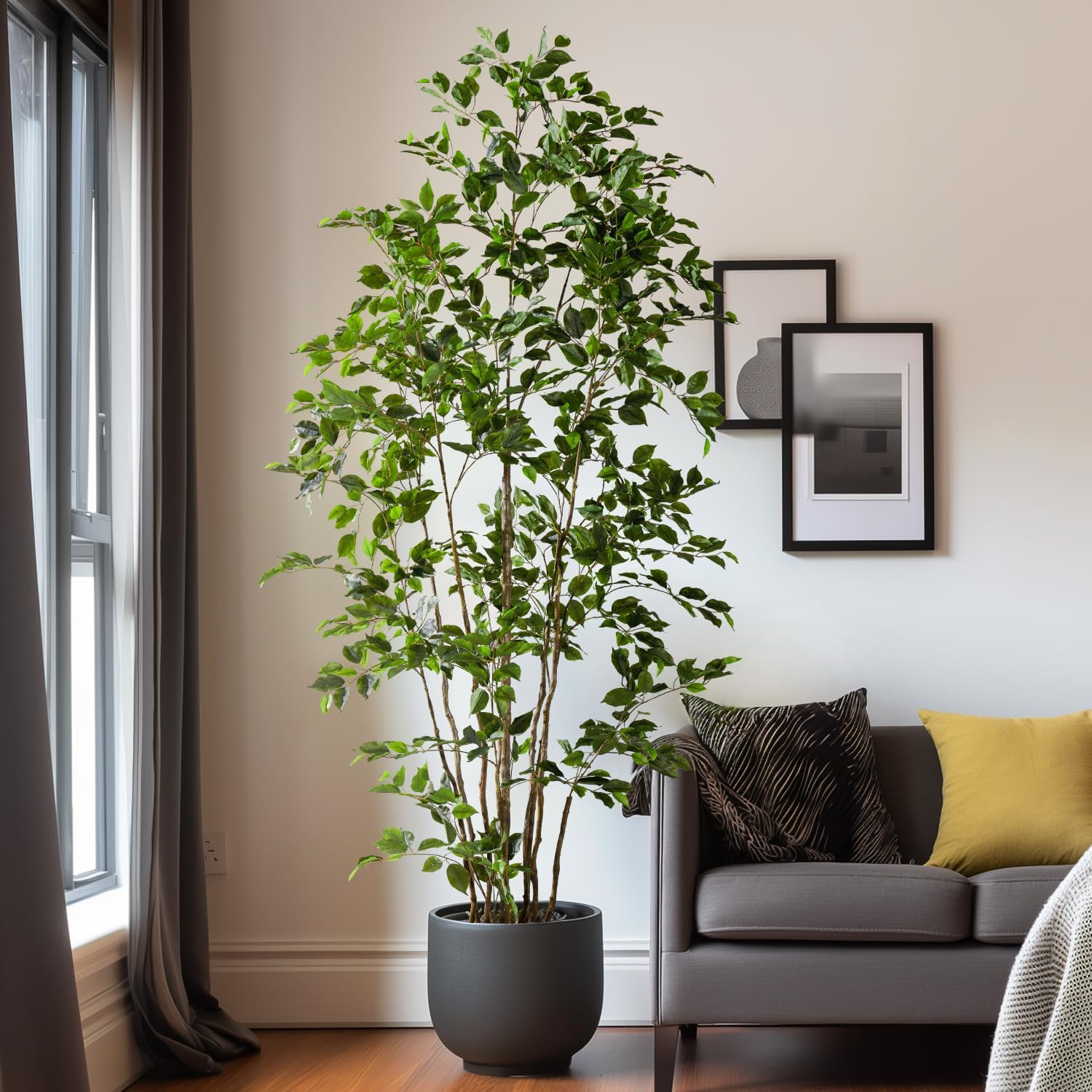 Artificial Ficus Tree Indoor 8ft, Large Potted Faux Tree with Realistic Silk Leaves & Trunk for H... | Amazon (US)