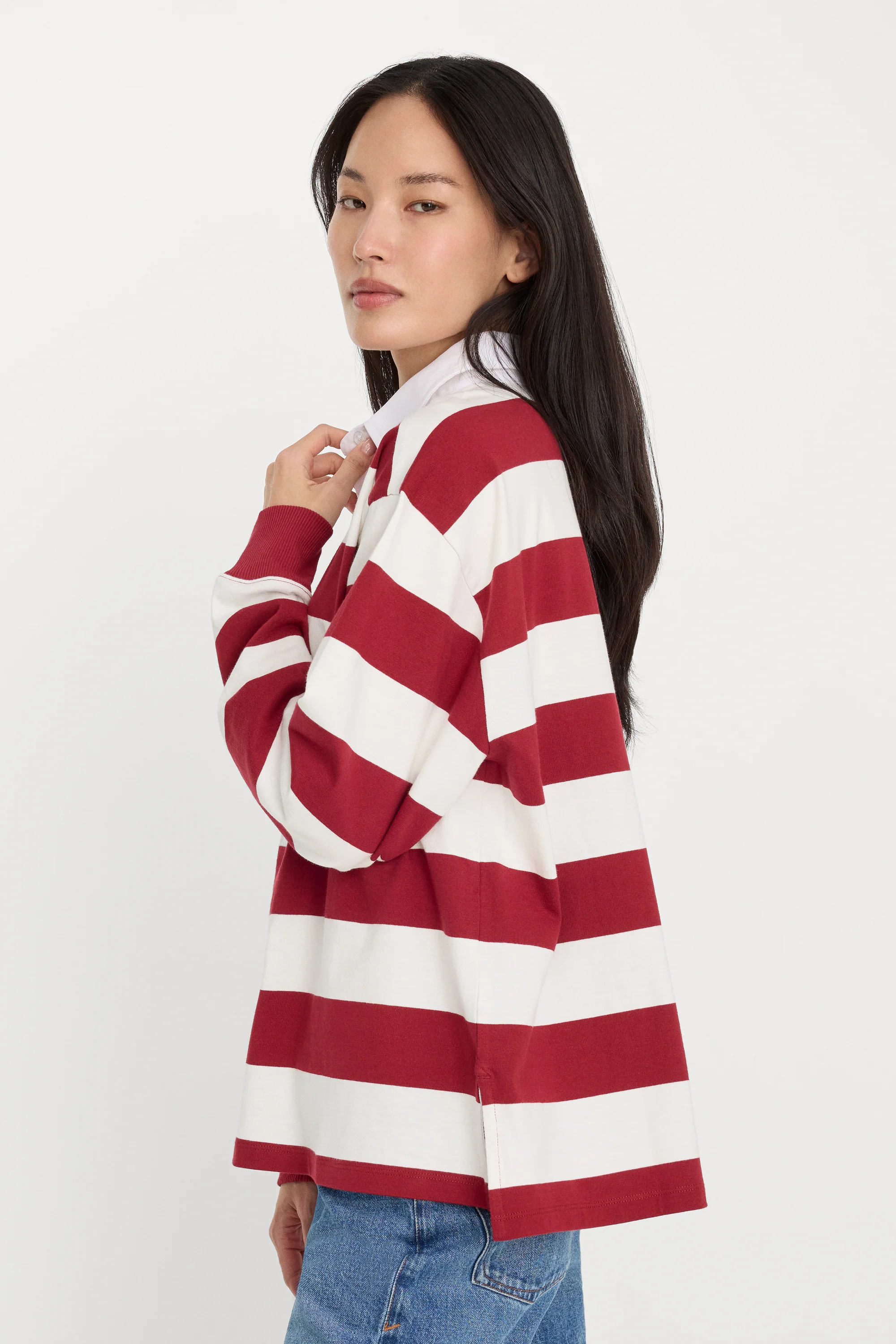 OVERSIZED RUGBY TEE | MERLOT AND CHALK RUGBY STRIPE - GOOD AMERICAN | Good American