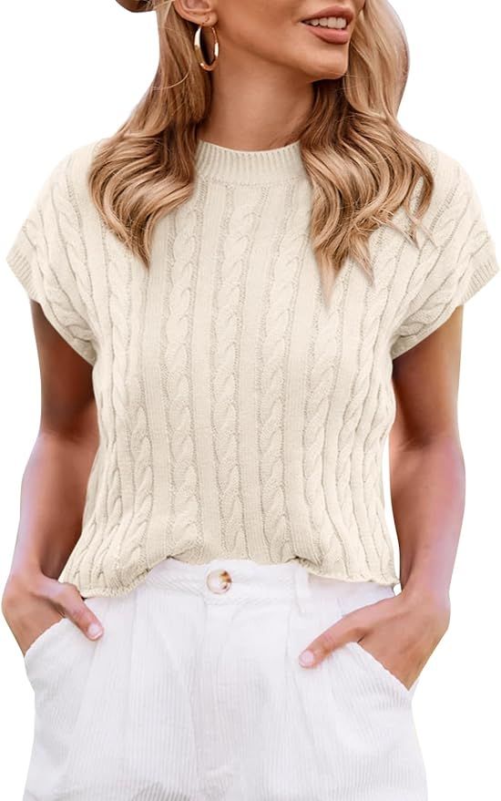 Saodimallsu Womens Summer Crewneck Crop Tops Casual Loose Fit Cable Knit Pullover Sweater | Amazon (US)