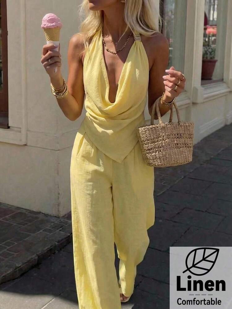 Aloruh 2-Piece Set:Pale Yellow,Summer,Casual,Holiday,Vacation,Holiday Elegant Blended Linen Wide-... | SHEIN