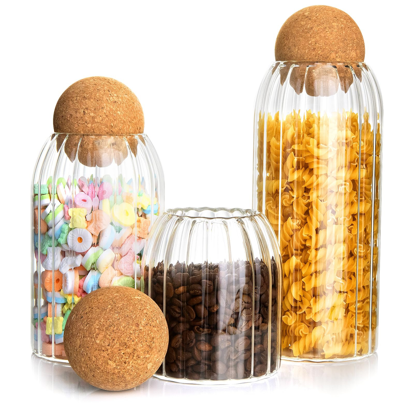 3Pcs Glass Storage Container with Round Ball Cork,Coffee Bean Jar Glass Cork Clear Stripe Glass B... | Amazon (US)