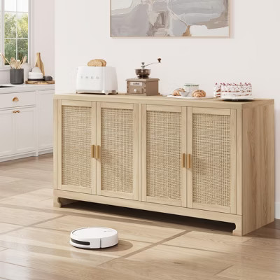 Natural Woven Rattan 4-Door Storage Cabinet, Buffet Sideboard with Shelf, Coffee Bar Console for Kitchen Dining & Living Room, 36"H | Target