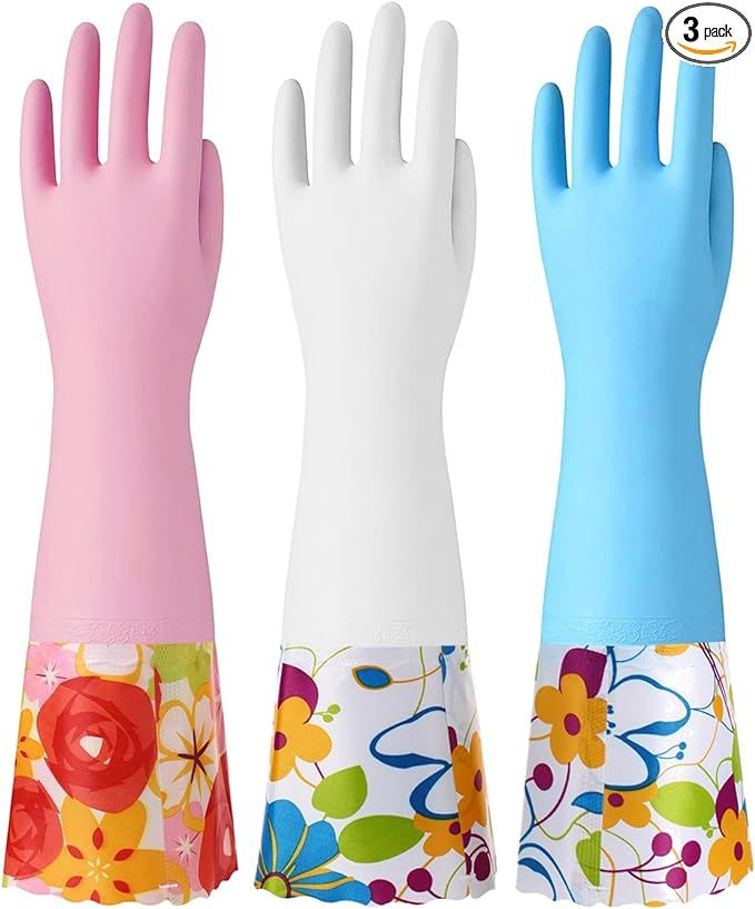 Bamllum 3 Pairs Rubber Cleaning Gloves, Household Kitchen Dishwashing Gloves with Cotton Flocked ... | Amazon (US)