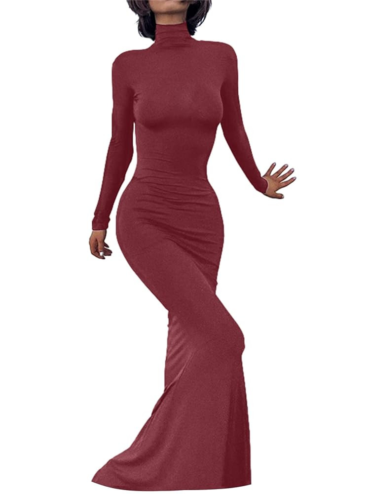 Long Sleeve Maxi Dress for Women - Casual Turtleneck Bodycon Formal Dresses Elegant Mermaid Hem 2... | Amazon (US)