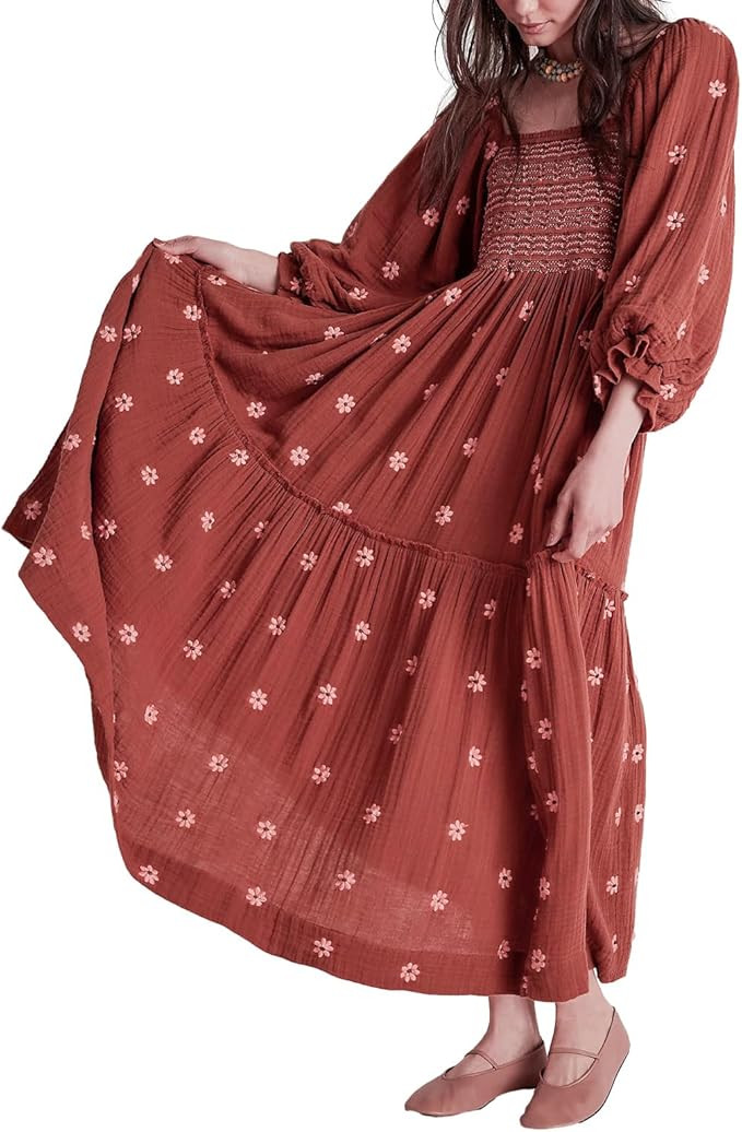 Argeousgor Women 2023 Bohemian Floral Dress Square Neck Ruffle Swing A Line Maxi Dress Long Sleev... | Amazon (US)