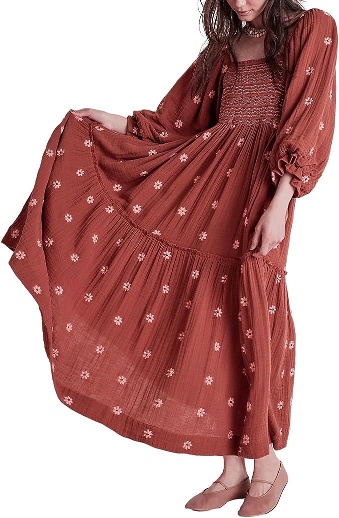 Argeousgor Women 2023 Bohemian Floral Dress Square Neck Ruffle Swing A Line Maxi Dress Long Sleev... | Amazon (US)