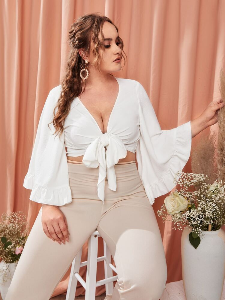 SHEIN Plus Flounce Sleeve Tie Front Top | SHEIN