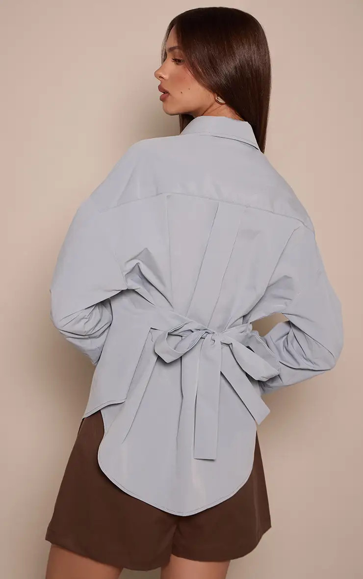 Light Blue Cotton Tie Back Detail Oversized Shirt | PrettyLittleThing UK