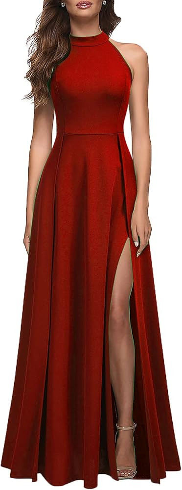 MUSHARE Women's Halter Neck Sexy Split Cocktail Party Maxi Long Formal Dress | Amazon (US)
