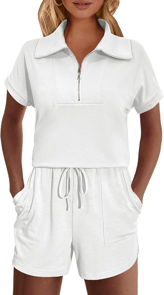 Ekouaer Women Two Piece Outfits Half Zip Shorts Set and Short Sleeve Tops Lounge Sets Shorts Summ... | Amazon (US)