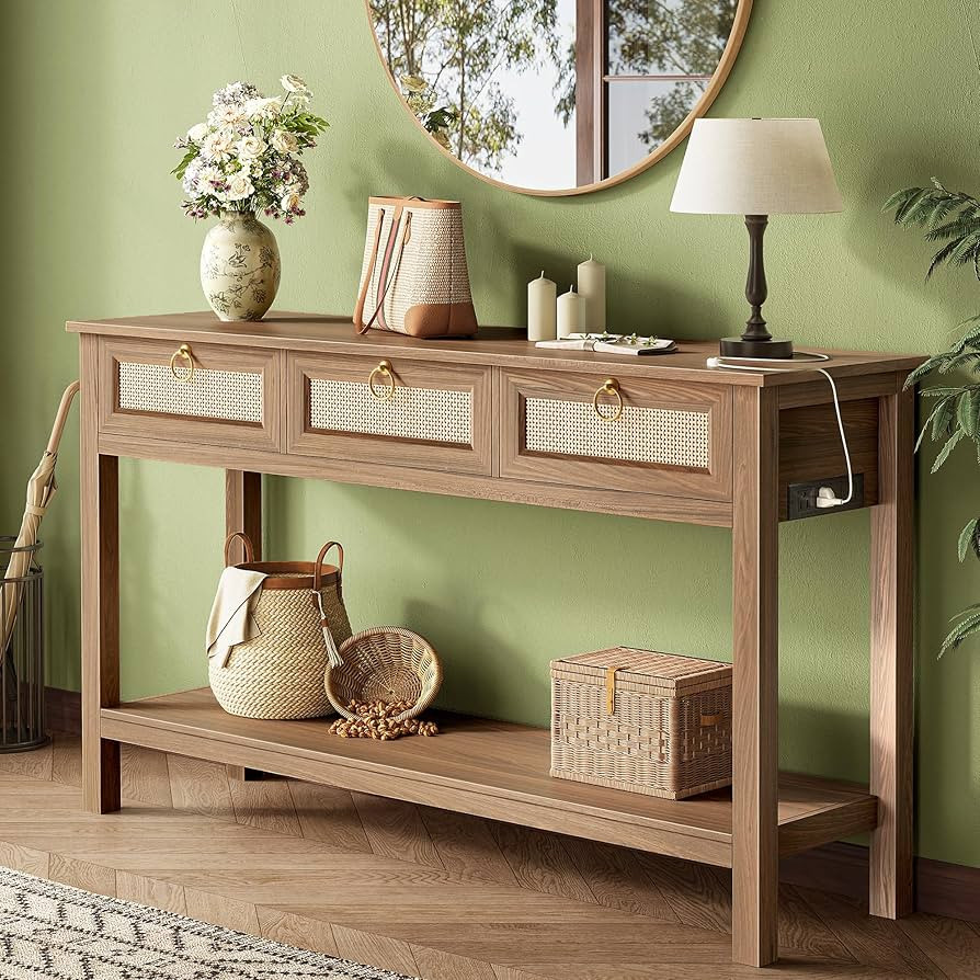 SUPERJARE Rattan Console Sofa Table with Outlets and USB-C Port, 3 Drawer Entryway Table with Syn... | Amazon (US)