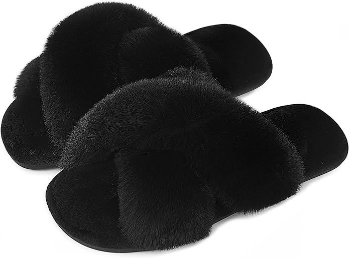 Cozyfurry Womens Cross Band Slippers Cozy Furry Fuzzy House Slippers Open Toe Fluffy Indoor Shoes... | Amazon (US)