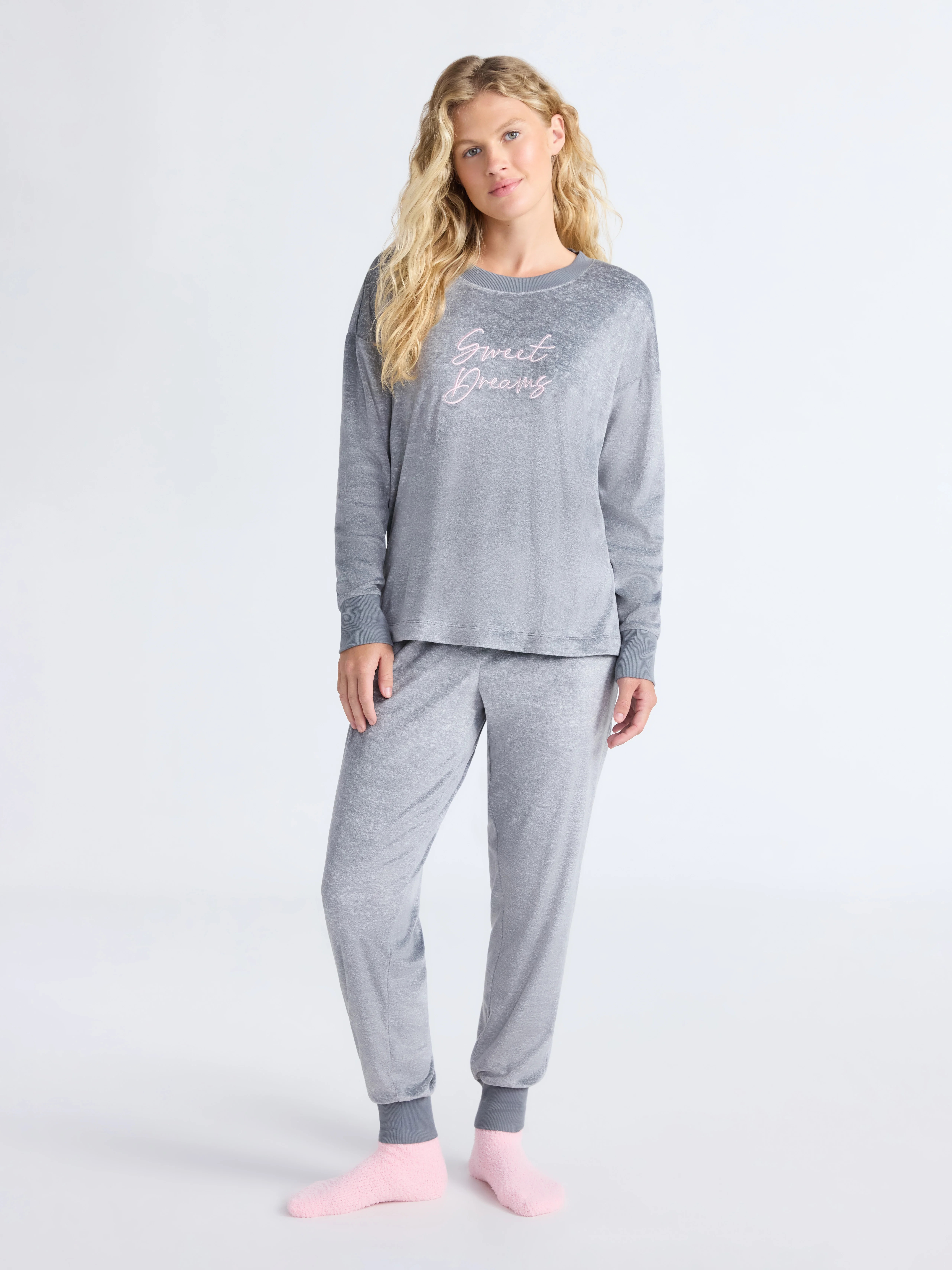 Joyspun Women’s Stretch Velour Long Sleeve Top, Pants, and Socks Pajama Set, 3-Piece, Sizes XS-... | Walmart (US)