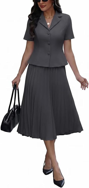 Ophestin Women's 2 Piece Blazer Outfits Pleated Maxi Skirt Suits for Church | Short Sleeve Open F... | Amazon (US)