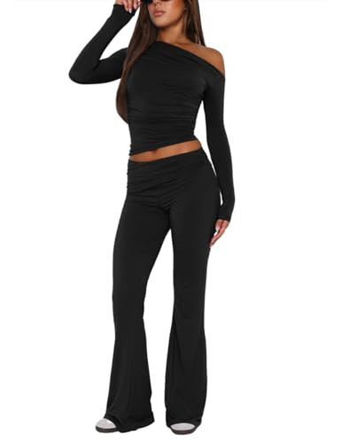 Oumrdeo Women’s 2 Piece Lounge Sets Slim Fit Long Sleeve Off Shoulder Crop Tops Fold Over Flare Pants Casual Y2K Outfits Matching Set Black S | Amazon (US)