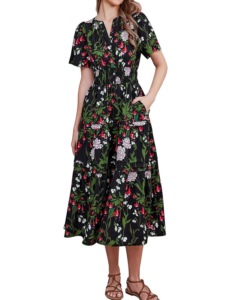 KUTUMAI Women Summer Floral Midi Dress 2024 Casual Short Sleeve V Neck Tiered Ruffle Flowy Boho D... | Amazon (US)