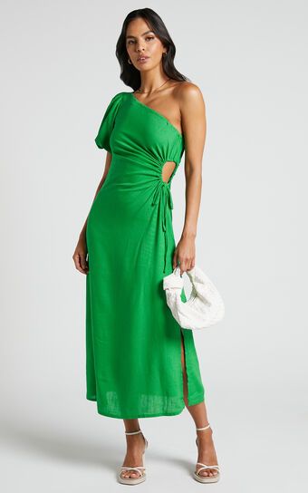 Victoria Midi Dress - One Shoulder Puff Sleeve Cut Out Dress in Green | Showpo (US, UK & Europe)