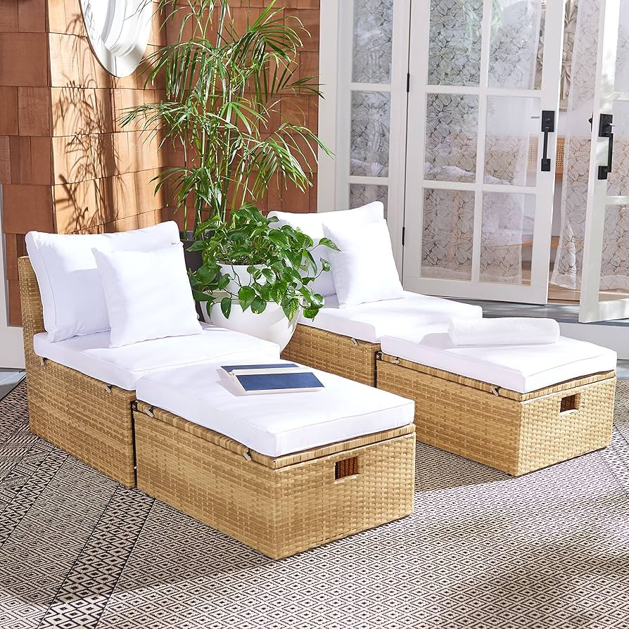 SAFAVIEH Outdoor Collection Pramla Natural/White Cushion Settee with Storage Ottoman (Set of 2) P... | Amazon (US)