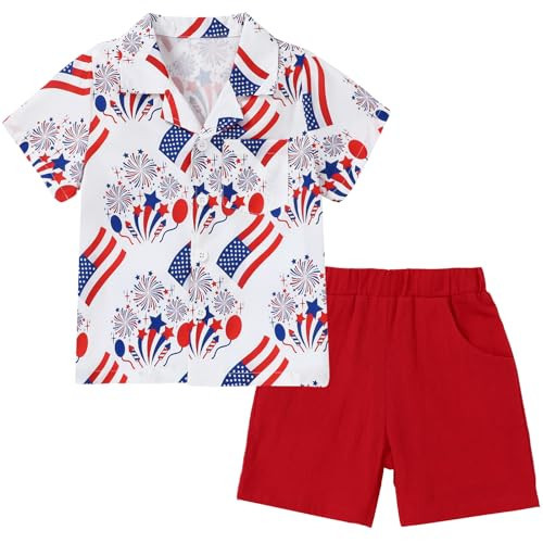 YALLET 4th of July Toddler Boy Clothes Boys Summer Outfits Short Sleeve Button Down Shirt+Shorts Boy Beach Casual Clothing (Flag,3-4T) | Amazon (US)