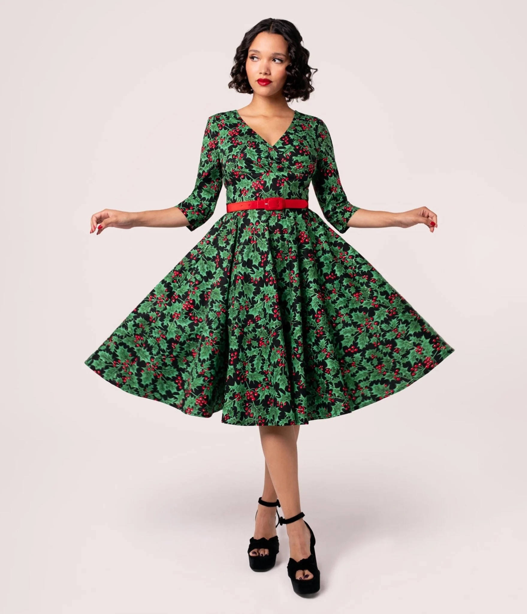 Hell Bunny Black & Green Holiday Swing Dress | UniqueVintage
