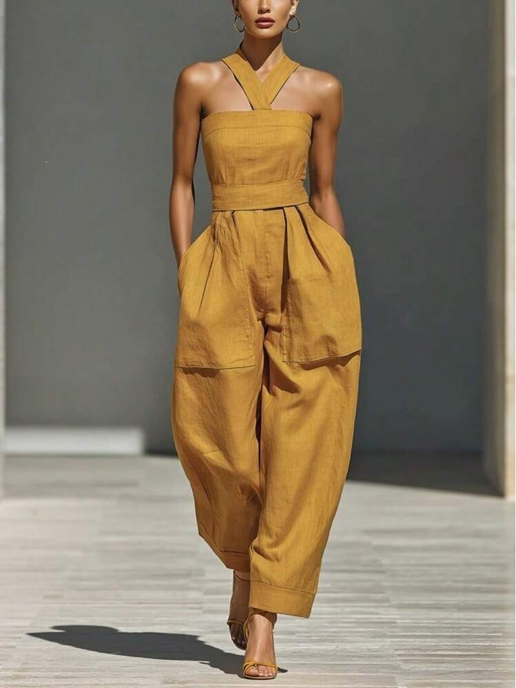 2026 Hot Selling New Women’s Lace Up Linen Fabric Cross Strap Wide Leg Jumpsuit | SHEIN
