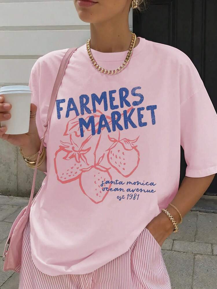 INAWLY Farmers Market Comfortable Colorful Short Sleeve T-Shirt, Bohemian Vintage Print, Suitable For Daily And Holiday Wear, Summer Strawberry Print Round Neck Fashionable Casual Women T-Shirt | SHEIN
