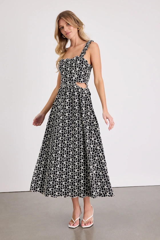 Myka Black Floral Embroidered Cutout Midi Dress | Lulus