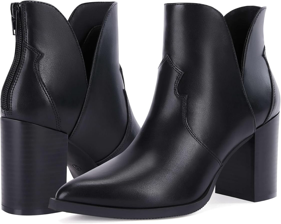 Coutgo Womens Cutout Ankle Boots Pointed Toe Chunky Heel Booties Back Zipper Slip on Western Boot... | Amazon (US)