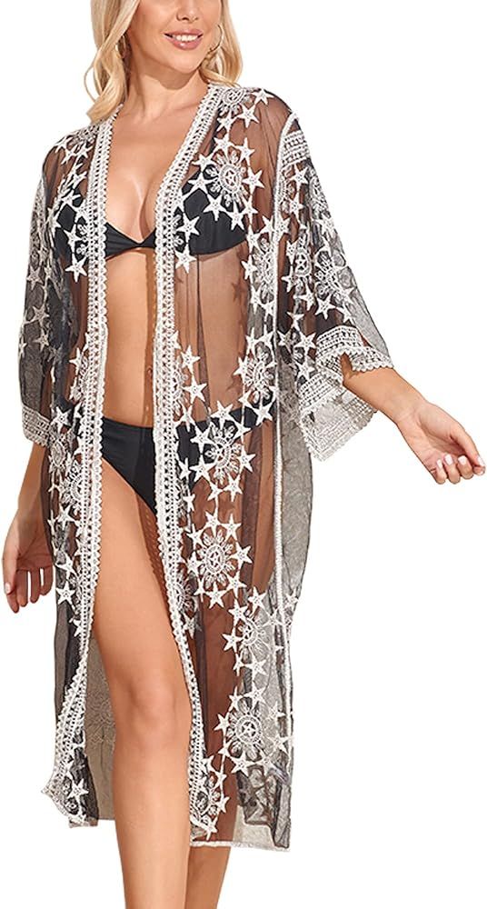 JDiction Women Swimsuit Cover Up Bathing Suit Kimono Long Beach Dress Floral Lace Bikini Swim Cov... | Amazon (US)