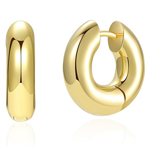 18K Gold Plated Chunky Small Gold Hoop Earrings | Womens Bold Thick Gold Huggie Earrings | Sculpture Gold Classic Hoops Hinged Huggie | Amazon (US)