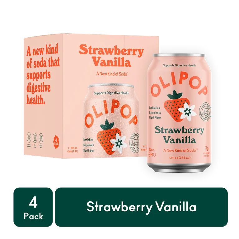 OLIPOP Prebiotic Soda, Strawberry Vanilla, 12 fl oz, 4 Pack | Walmart (US)