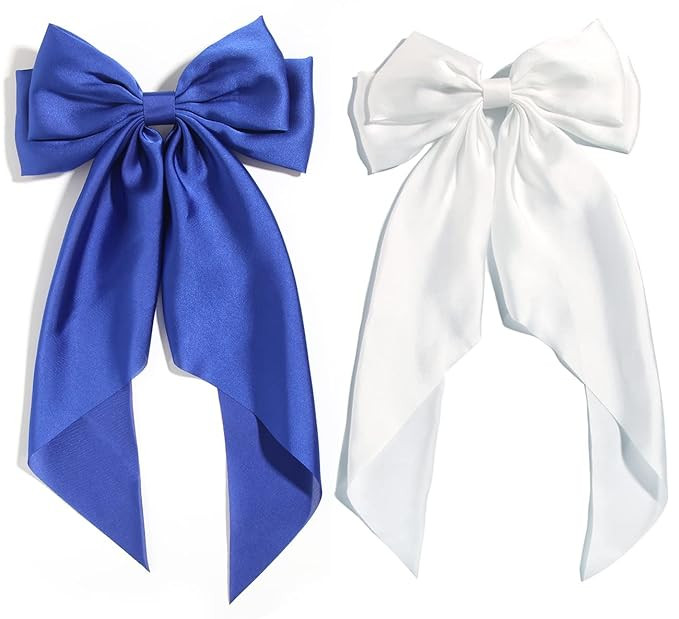 Furling Pompoms Hair Bows for Girls, 2pcs Big Hair Bow with long Tail French Barrette, Royal Blue... | Amazon (US)