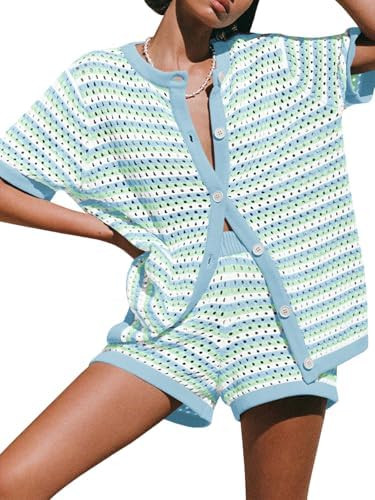 Saodimallsu Womens Crochet Swimsuit Coverup Summer Beach Sets Striped Knit Short Sleeve Button Sh... | Amazon (US)