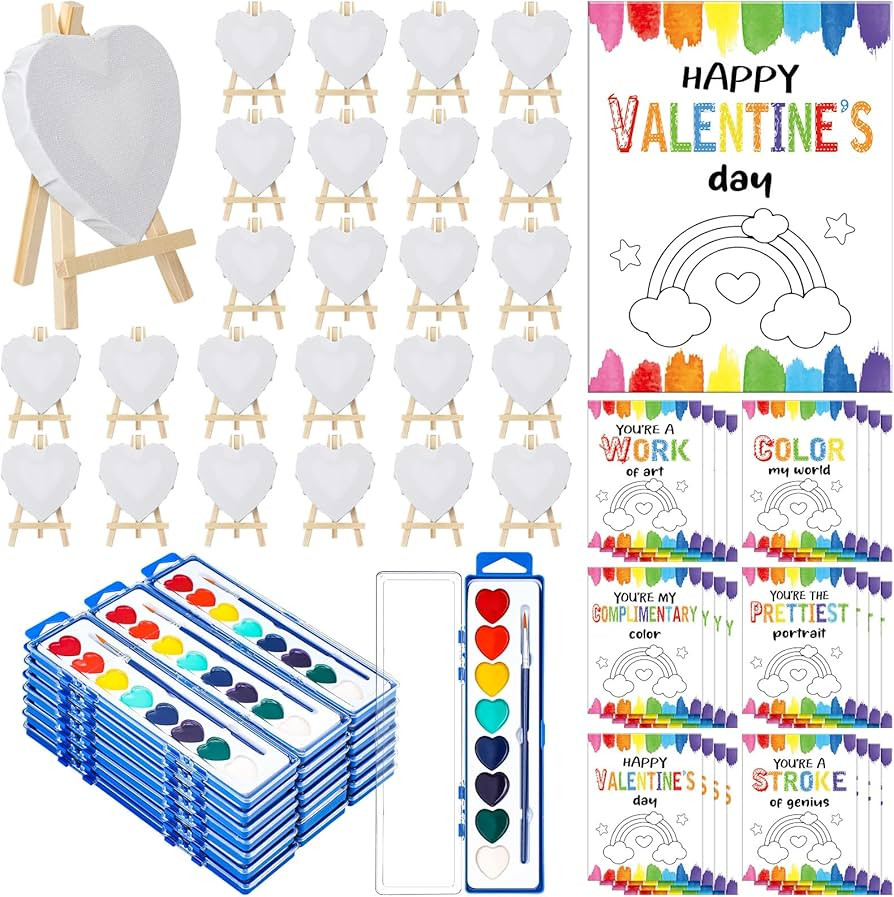 24 Sets Valentines Gift Mini Painting Set Heart Shape Canvas Wooden Easel, Watercolor Paint and B... | Amazon (US)