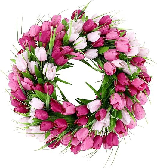 U'Artlines 20Inch Tulip Wreath for Front Door, Spring Summer Silk Wreath with Green Leaves Artifi... | Amazon (US)
