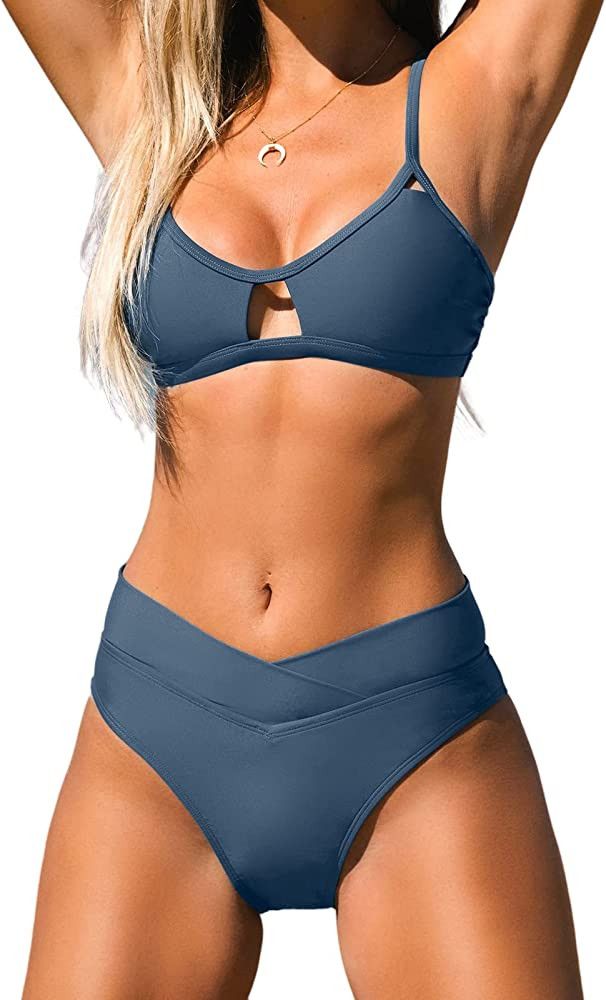 CUPSHE Bikini Set for Women Two Piece Swimsuits Cut Out High Waisted Scoop Neck V Cut Bottom | Amazon (US)