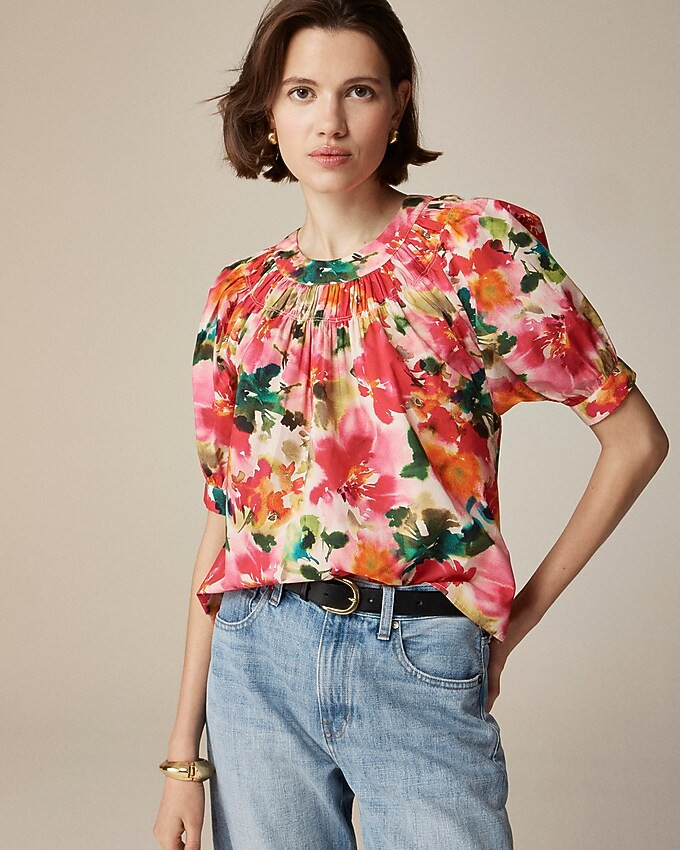 Smock-neck puff-sleeve top in floral cotton poplin | J. Crew US