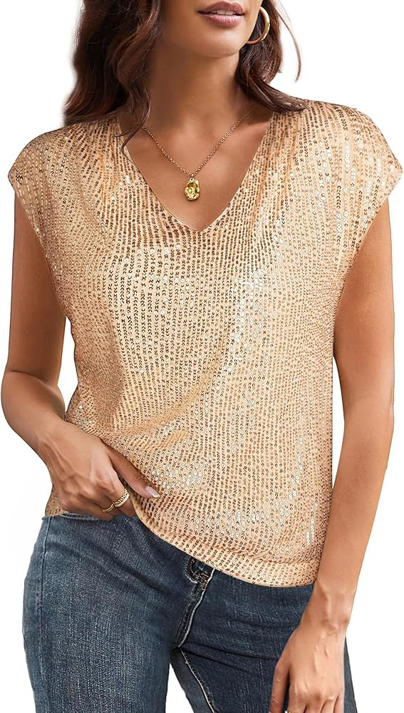GRACE KARIN V Neck Sequin Short Sleeve Tops for Women Elastic Sparkly Tank Top for Party | Amazon (US)