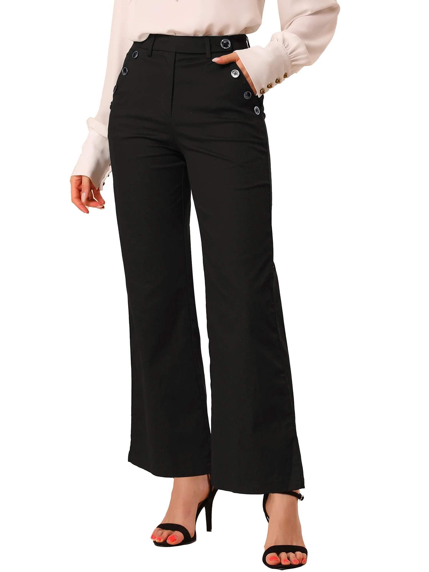 Allegra K Women's Bell Bottom Lace Panel Straight Wide Leg Palazzo Long Pants | Walmart (US)