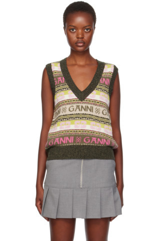 GANNI - Khaki V-Neck Vest | SSENSE