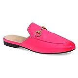 FOWT Women’s Round Toe Slip On Loafer Unisex Backless Low Heel Chain Decorated Faux Leather Hot Pink | Amazon (US)