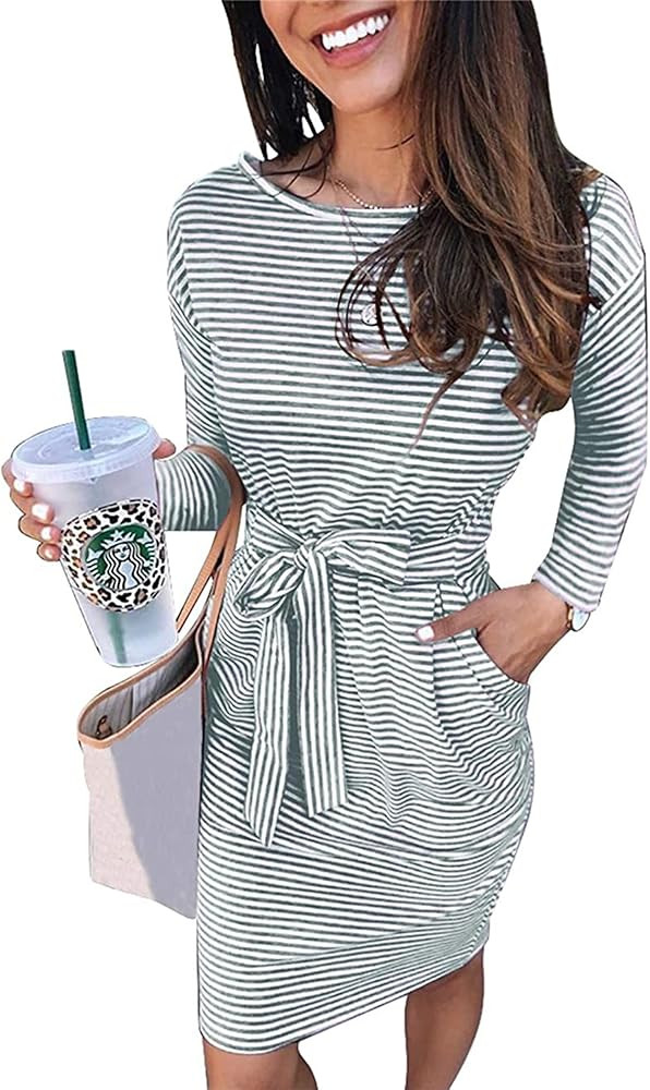 PRETTYGARDEN Women's Fashion Casual Long Sleeve Belted Party Bodycon Sheath Pencil Dress | Amazon (US)