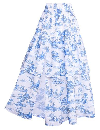 Long Skirts for Women Boho A-Line Floral Maxi Skirt for Summer Light Blue XL | Amazon (US)