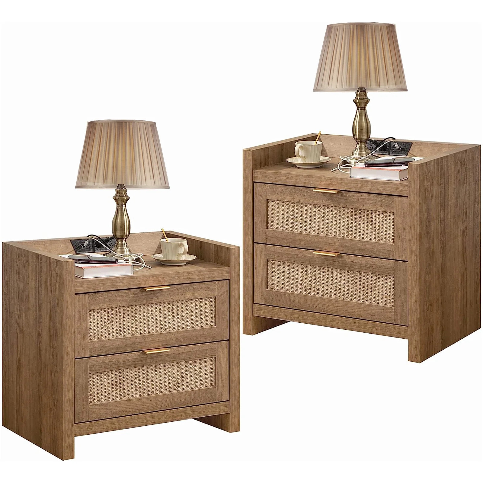 Sanspredet Rattan Nightstand Set of 2 Bedside Table with USB Type-C Charging Station Modern End S... | Walmart (US)