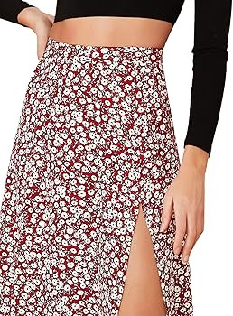 Verdusa Women's Sexy Boho Floral Split Thigh High Waist Swing Midi Skirt | Amazon (US)