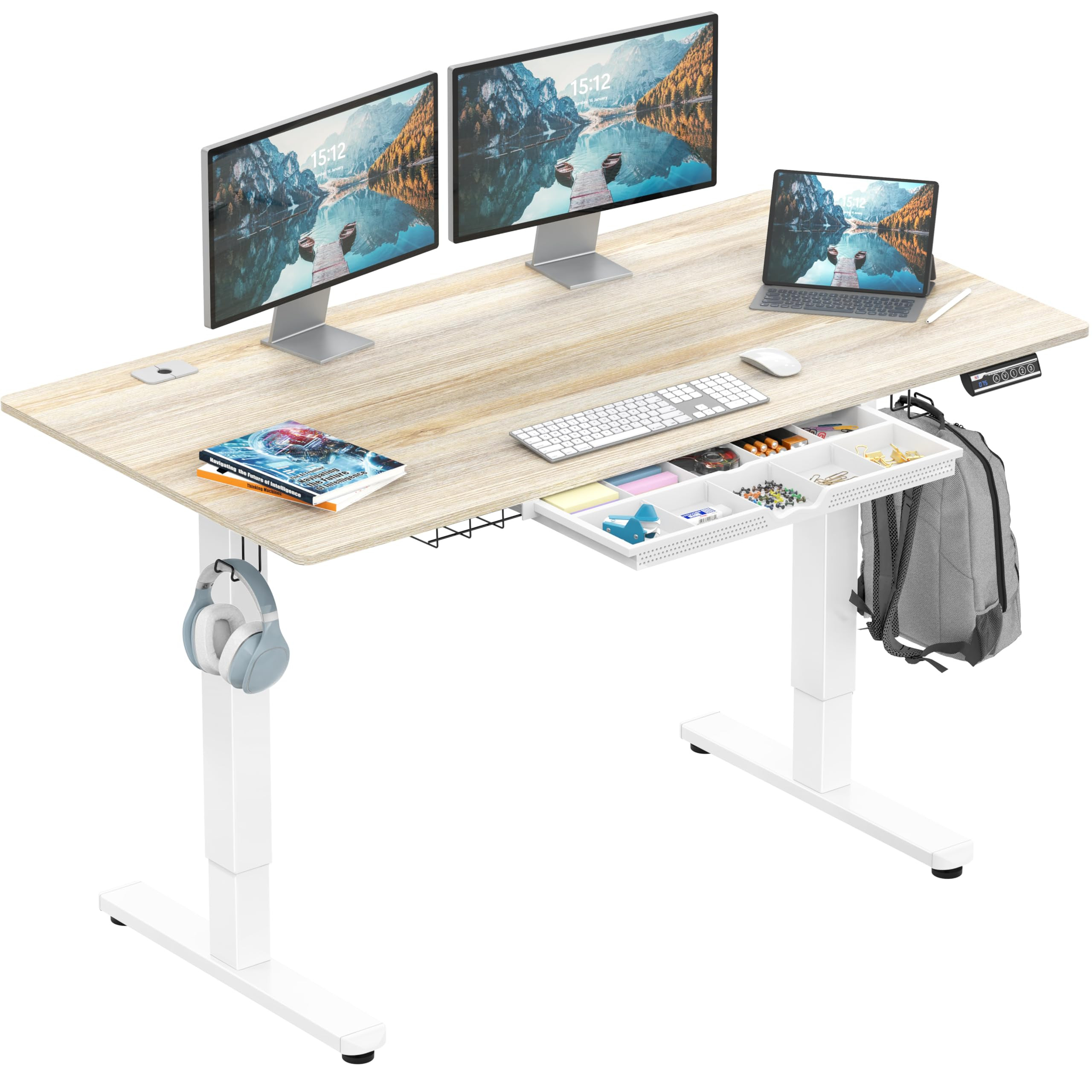 SHW 55 x 28 Inches Electric Height Adjustable Standing Desk with Drawer and Memory Preset, Maple | Amazon (US)