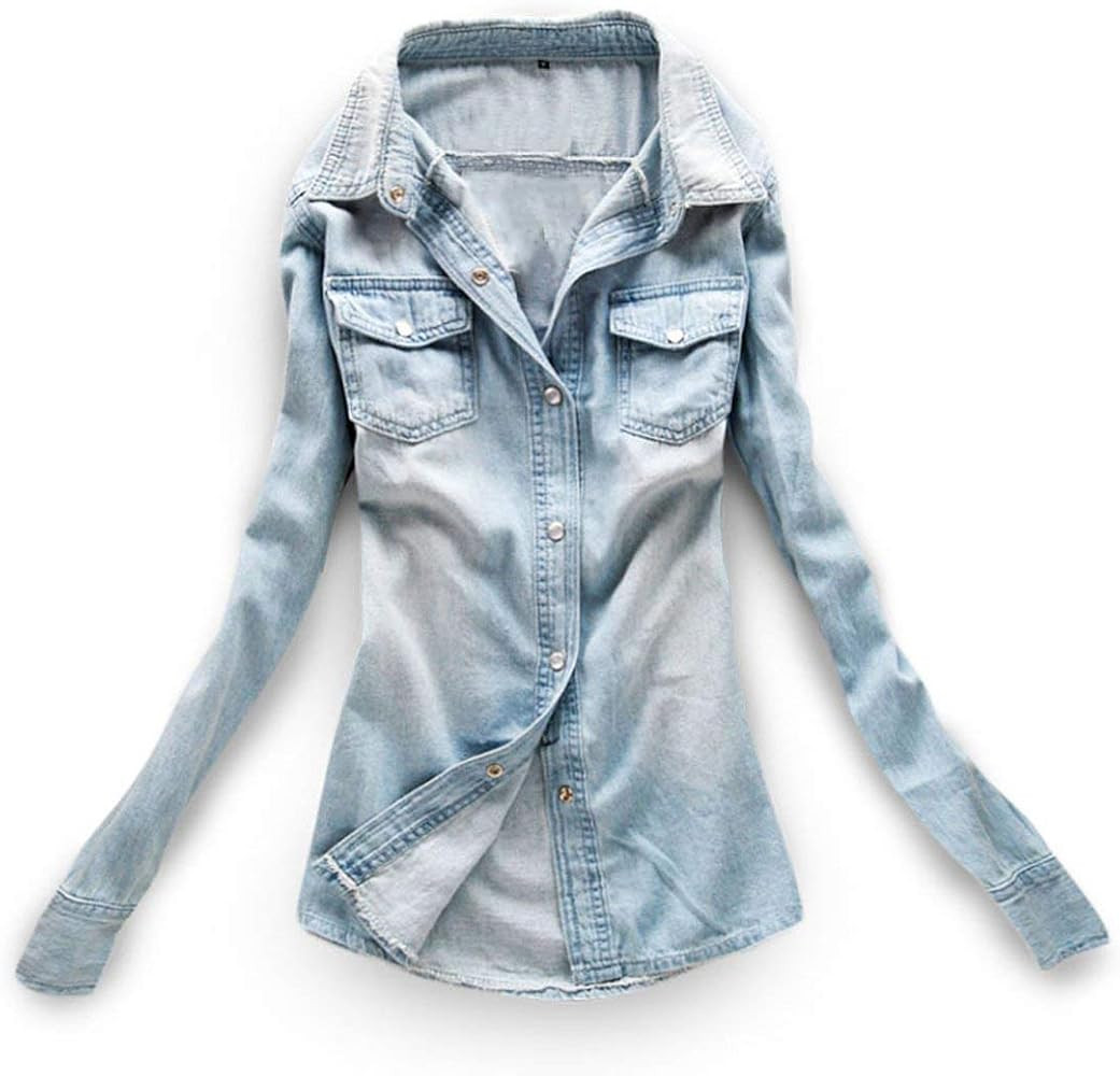 AvaCostume Women's Long Sleeve Double Pocket Slim-fit Jean Denim Shirt | Amazon (US)
