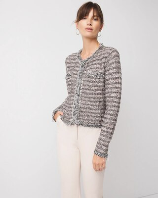Women's Chain-Trim Tweed Sweater Jacket in Browns Tweed size Large | White House Black Market | White House Black Market